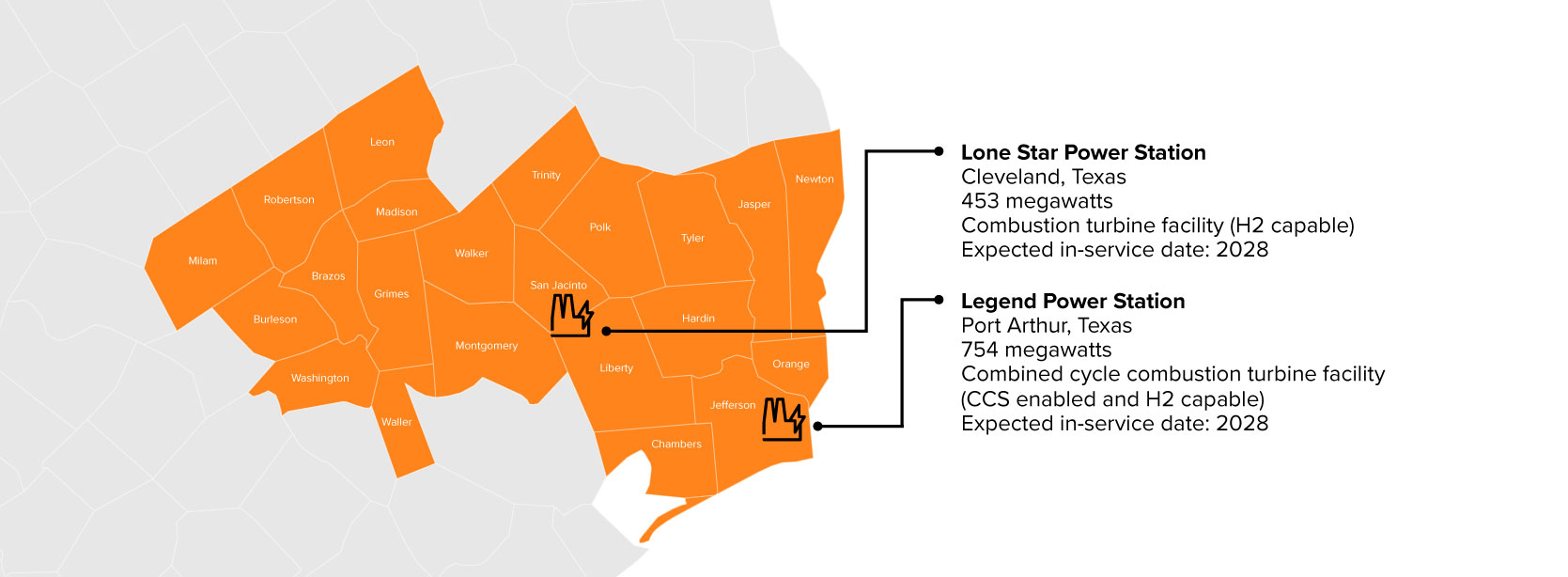 Map of Southeast Texas with Lone Star and Legend Power Stations