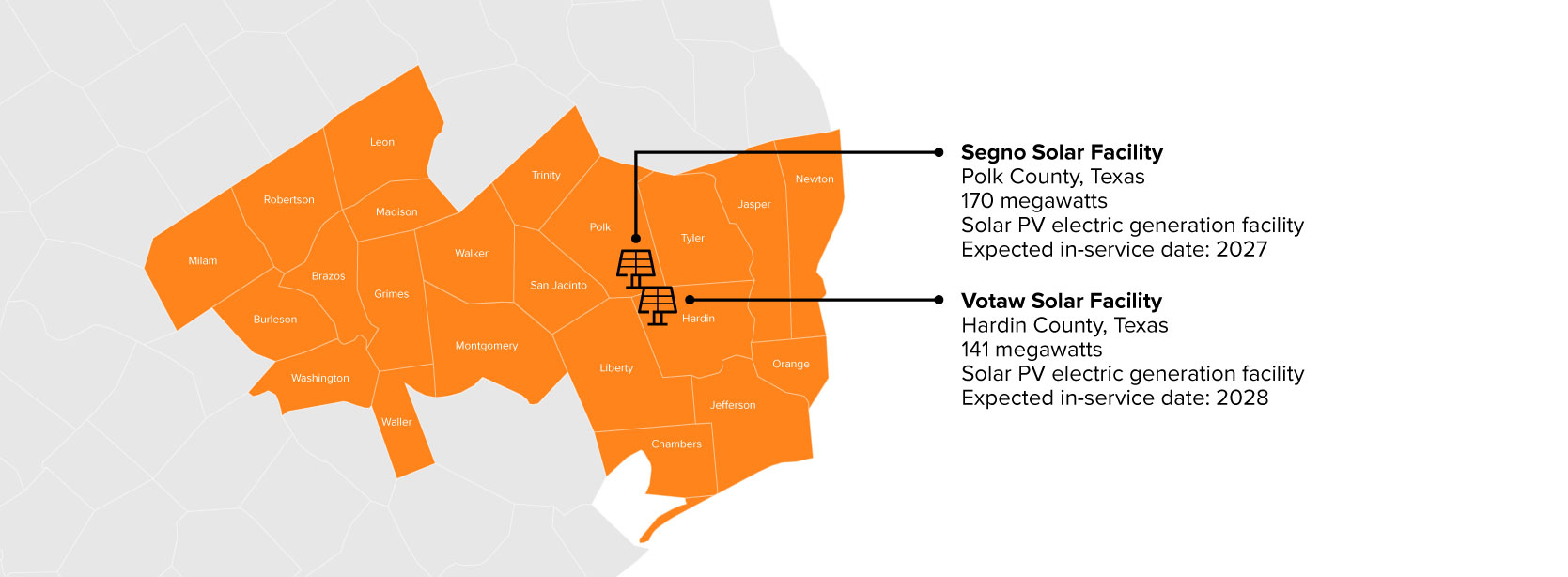 Map of Southeast Texas with Segno and Votaw Solar facilities